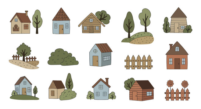 Collection of charming rustic houses and trees in a simple style.