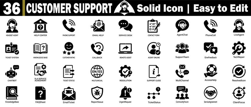 Customer support solid icon set. Showing helpful service symbols and assistance tools for the business desk helps management.