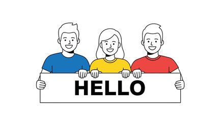 Three cheerful individuals holding a sign saying hello © Bosss
