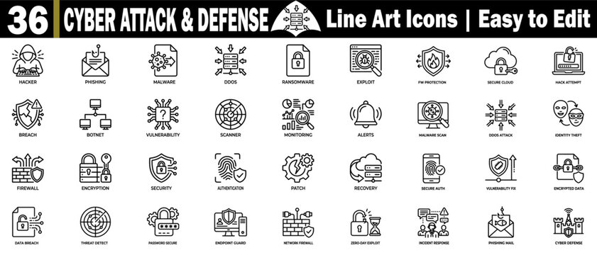 Cyber attack and defense line art icon set. Illustrating security threats, protection software and network safety measures.