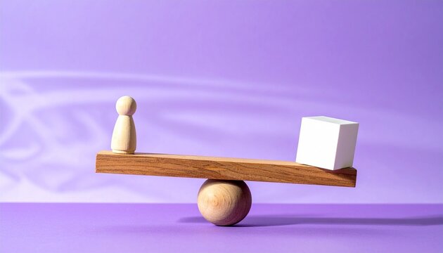 Wooden balance with figurine and cube on purple background
