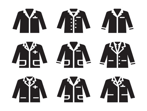 Set of Black Lab Coat Vector Silhouettes in Various Poses and Styles Line Art