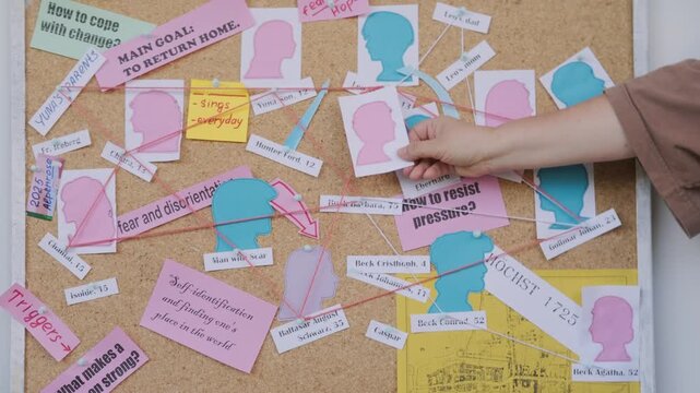 corkboard map characters and arcs, emotional connections in narrative project, Writer&rsquo;s Inspiration board writer with character sketches, story planning, Storytelling visualization, notes