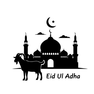 Eid UL Aadhar Goat and Mosque Silhouette Vector Illustration Islamic Festival Celebration