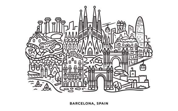Barcelona Spain City Landmarks Line Art, Sagrada Familia Park Guell Vector Layout