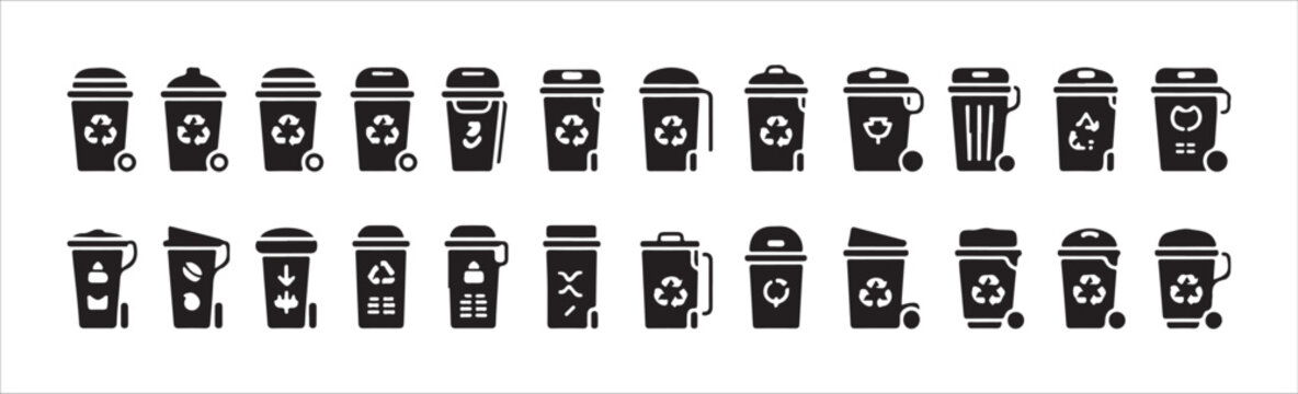 Recycle bin icon collection with wheels and various sorting symbols for environmental waste management art.