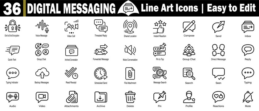Digital messaging line art icons on transparent background for mobile app development and social media ui.