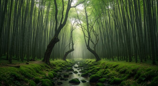 Beautiful bamboo forest with stream and sunbeams vibrant green nature scene tranquil atmosphere.