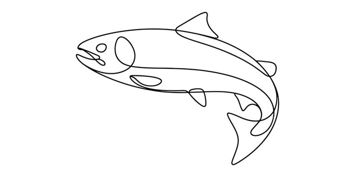 Continuous single line drawing of a jumping salmon fish