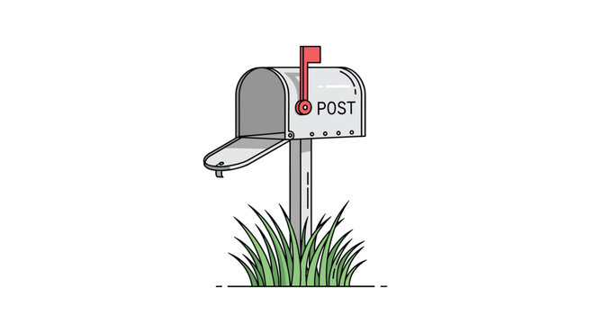 Silver metal mailbox on a post with an open door and a red flag standing in green grass against a clean white background for postal service.