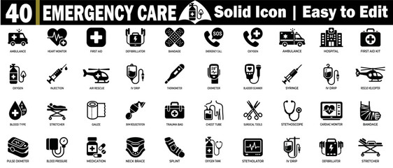 Emergency care solid icons set. Including heart monitor, first aid kit, medical equipment, oxygen tank, and ambulance symbols pack. © Logo Solution