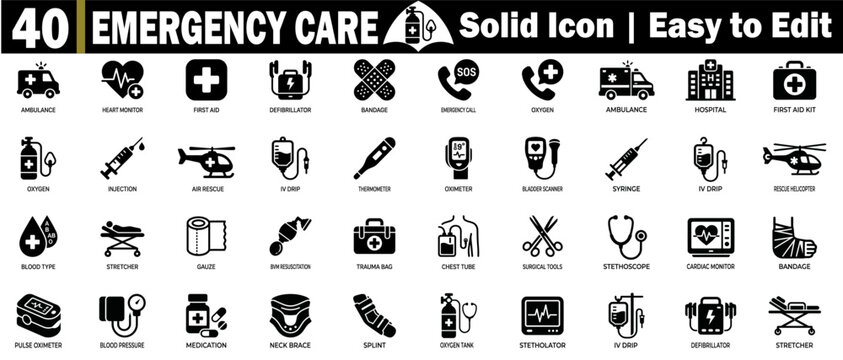 Emergency care solid icons set. Including heart monitor, first aid kit, medical equipment, oxygen tank, and ambulance symbols pack.