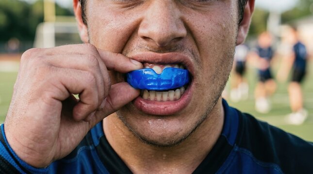 Rugby player inserting mouthguard for tooth and mouth protection with mouthguard protection prevention protective