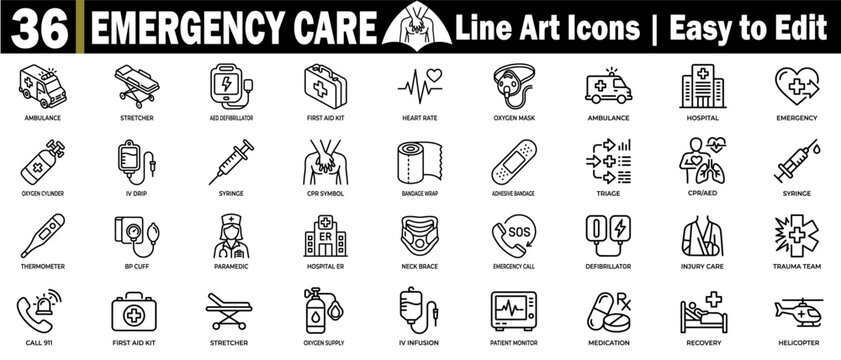 Emergency care line art icons set. Featuring medical equipment, first aid, ambulance, hospital, paramedic, and urgent services.