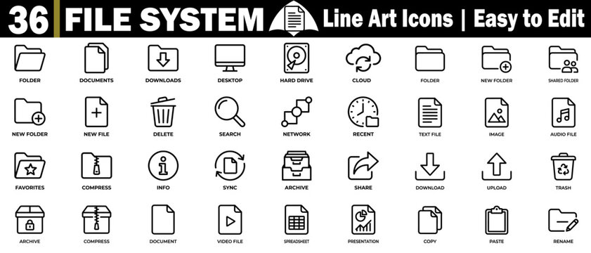 File system line icons set. Perfect for websites, apps, and presentations. easy to edit and customize.