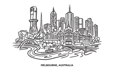 Obraz premium Melbourne Australia Skyline Landscape Line Art, Yarra River Minimalist Design