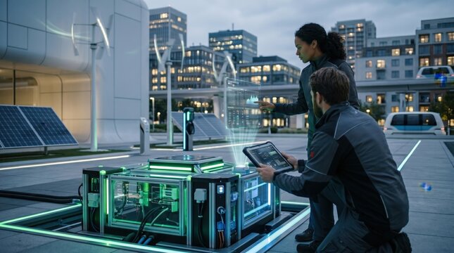 Engineers monitoring smart green energy system with holographic data interface in modern sustainable city infrastructure, renewable power technology concept.
