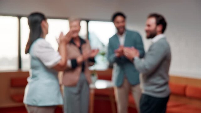 Blur, unity and team with hands together in office for pre pitch motivation, solidarity or applause. Corporate, people or huddle with clap for mission, employee engagement or job cohesion high five