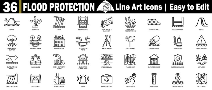 Flood protection line art icons for disaster management and safety measures, durable defense solutions.
