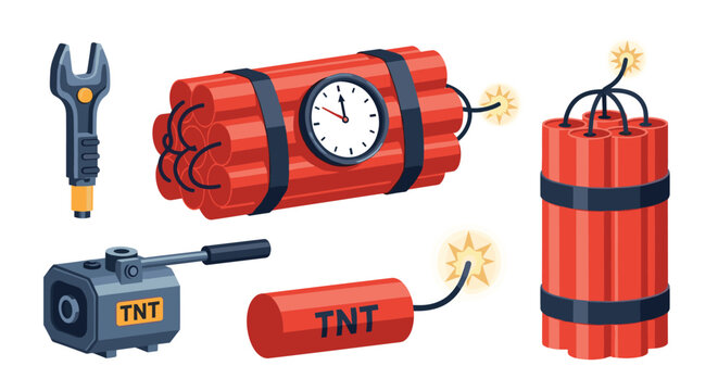 Dangerous explosive devices including TNT sticks with a timer, a detonator, and a wrench for bomb disposal themes.
