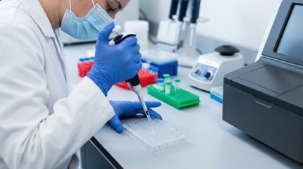 Naklejka premium Scientist in lab coat and gloves using pipette to transfer liquid into microplate for research