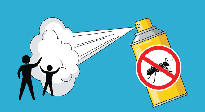 Yellow aerosol spray can emitting a white cloud of insecticide to eliminate ants as indicated by a red prohibition symbol over an insect.