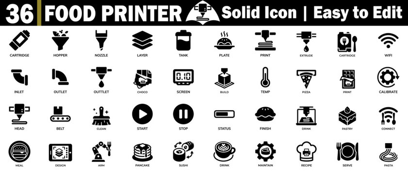 Food printer solid style vector icons. Representing culinary automation and modern kitchen technology.