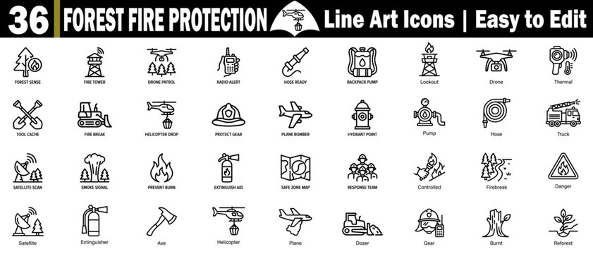 Forest fire protection line art style vector icons. Featuring emergency response and safety equipment.