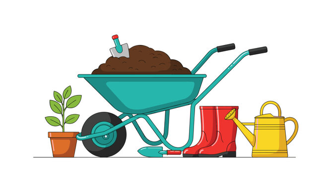 Collection of gardening equipment including a wheelbarrow full of soil, a watering can, boots, shovels, and a potted plant.