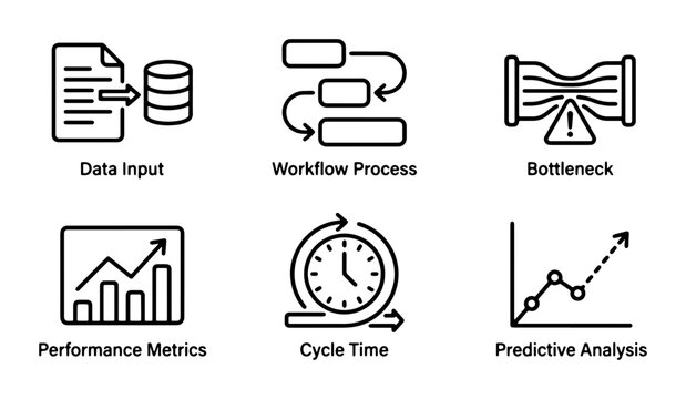 Business Process Icons: Data Input, Workflow, Bottleneck, Performance Metrics, Cycle Time, Predictive Analysis Vector Set
