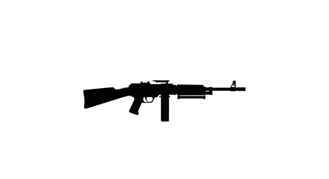 Black silhouette of a modern assault rifle on a white background.