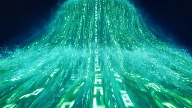 Digital code cascading down a vibrant, glowing waterfall of data