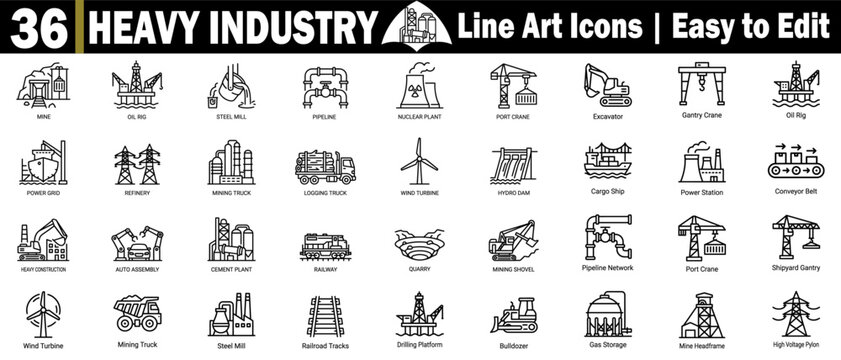Heavy industry line art icons. Depicting various industrial processes and machinery with easy-to-edit line icons.