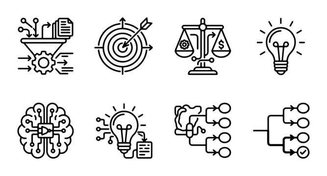 Business Strategy Icons: Data Flow, Target, Justice Scales, Idea Bulb, Brain AI, Decision Tree, Workflow, Checklist Vector Set