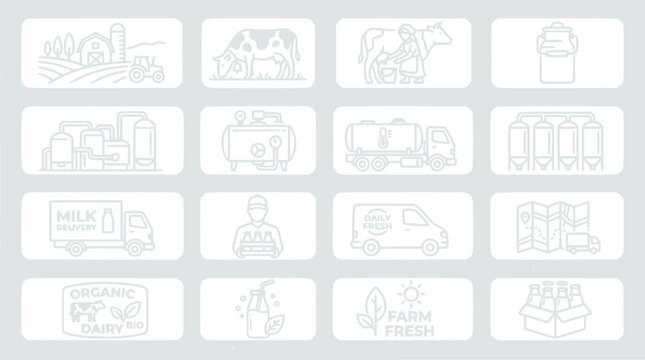 Dairy Farm Icons: Milk Production, Farming, Delivery & Products Collection