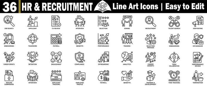 HR and recruitment line art icons. Depicting human resources processes, easy-to-edit line icons.