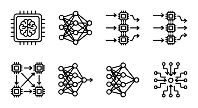 Neural Network Icons, Artificial Intelligence Chip, Machine Learning Algorithms, Deep Learning Architecture, AI Technology Concepts, Vector Set