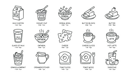Fototapeta premium Hand-drawn Breakfast Food Icons: Milk, Cereal, Yogurt, Coffee, Toast, Eggs, Cheese & More