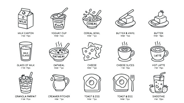 Hand-drawn Breakfast Food Icons: Milk, Cereal, Yogurt, Coffee, Toast, Eggs, Cheese & More