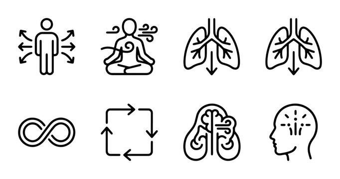 Breathing Exercise Icons: Lungs, Meditation, Mindful Person, Infinity Loop, Cycle, Brain, Human Body Icons for Health and Wellness