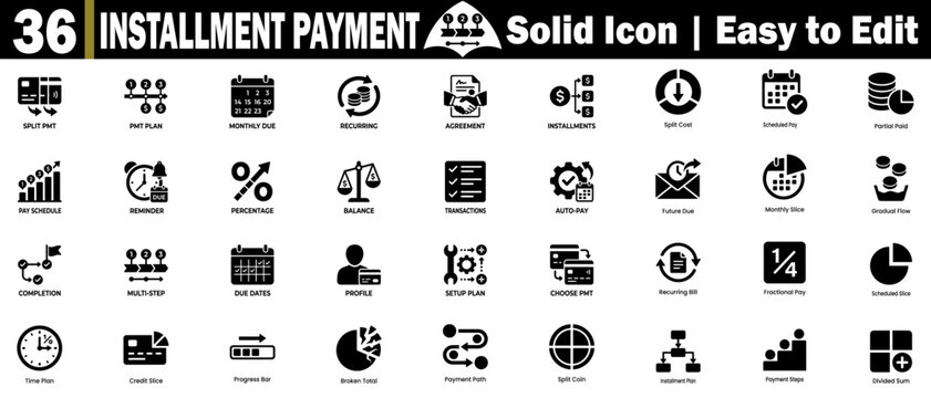 Installment payment solid icons. Featuring split payment schedule, a recurring agreement, and an easy-to-edit finance management vector element. 