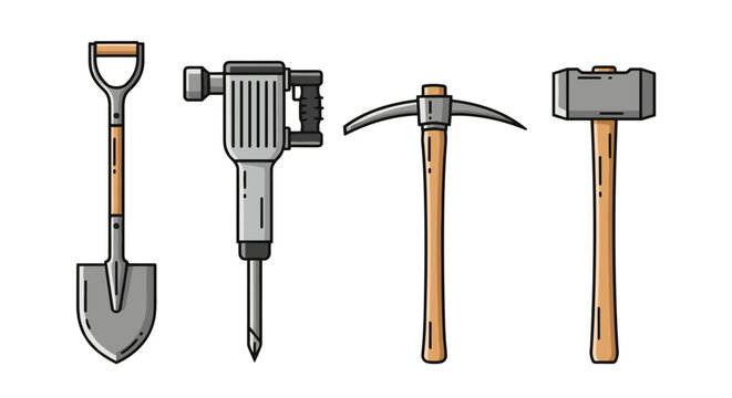 Selection of heavy duty construction and mining tools including a shovel, jackhammer, pickaxe, and a large sledgehammer.