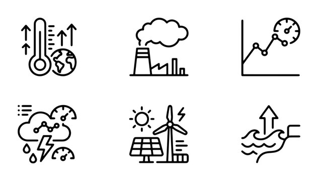 Climate Change Icons: Global Warming, Renewable Energy, Pollution, Sea Level Rise, Weather Data, Industrial Emissions, Vector Set