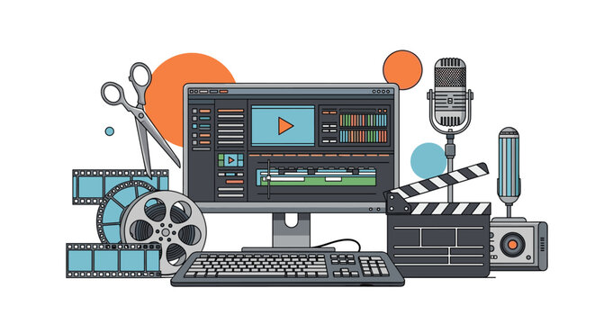 Digital workspace for video editing featuring a computer monitor with editing software, film reels, a clapperboard, and a microphone.