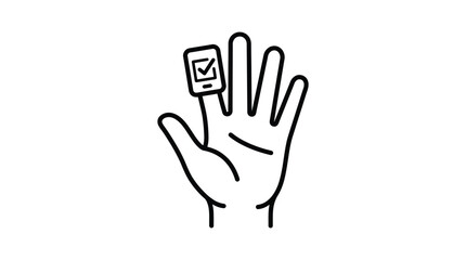 Obraz premium Minimalist black and white line art illustration of a human hand wearing a small digital device with a check mark symbol on a white background