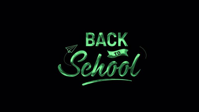 Back To School Text Animation. Green metallic text on black background with school paper plane doodle design, perfect for educational themes and backtoschool projects.