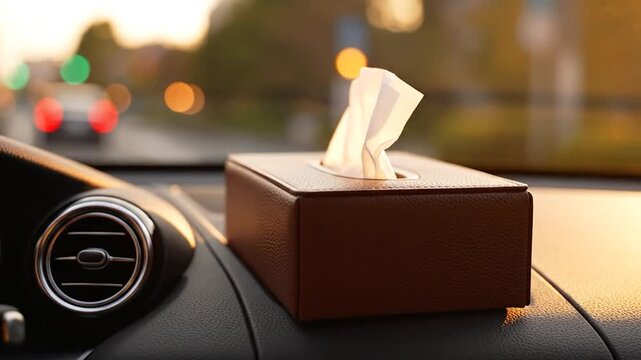 Leather tissue box holder on car dashboard in warm golden hour light