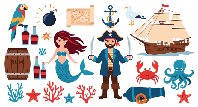Comprehensive set of pirate themed illustrations including a captain, mermaid, sailing ship, treasure map, and parrot.
