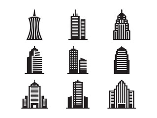 Obraz premium Skyscraper icons set in solid black line art