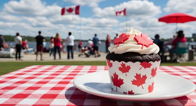Canada day celebration a chocolate cupcake with maple leaf frosting on a picnic table